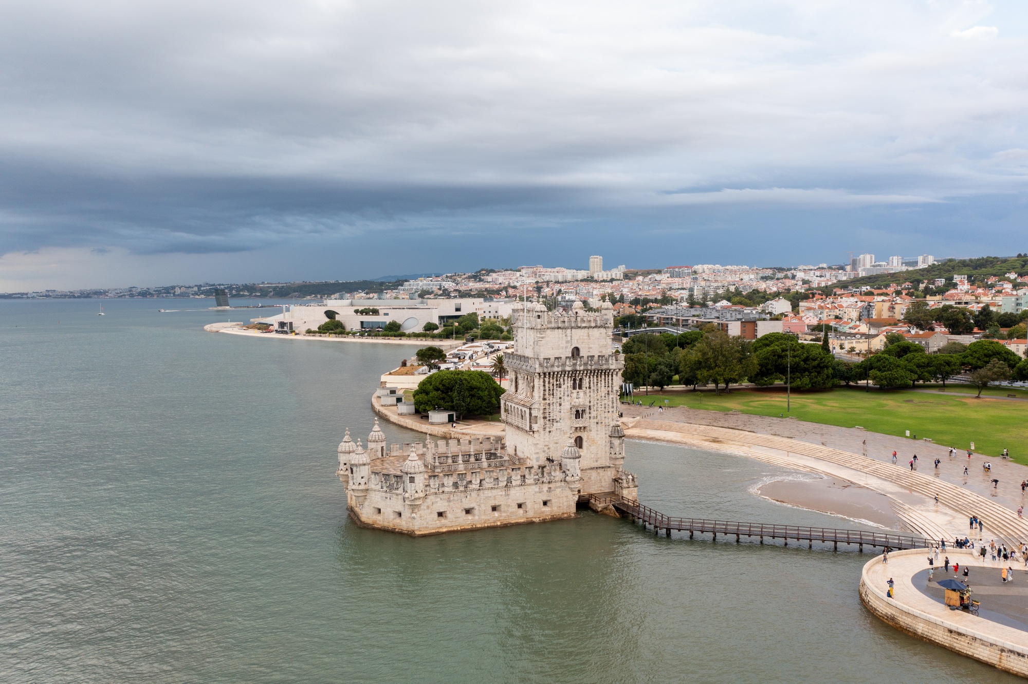 Aerial view Belem Tower on Tagus river in Lisbon, Portugal Evening time