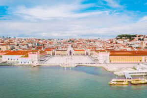 Aerial view of the famous Praca do Comercio (Commerce Square) in Lisbon, Portugal