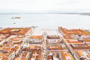 Aerial view of the famous Praca do Comercio (Commerce Square) in Lisbon, Portugal