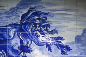 Azulejo ceramic tail picture on the Bussaco Palace Hotel wall