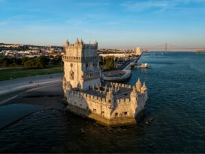 Belem Tower on the bank of the Tagus River at sunset. Lisbon, Portugal